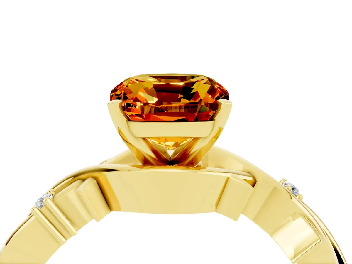Cushion Cut Citrine Solitaire Ring with Twisted Band and Prong Setting Yellow gold