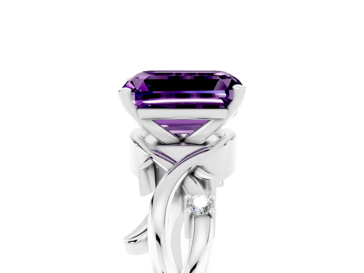 Emerald Cut Amethyst Solitaire Ring with Twisted Band and Prong Setting White gold