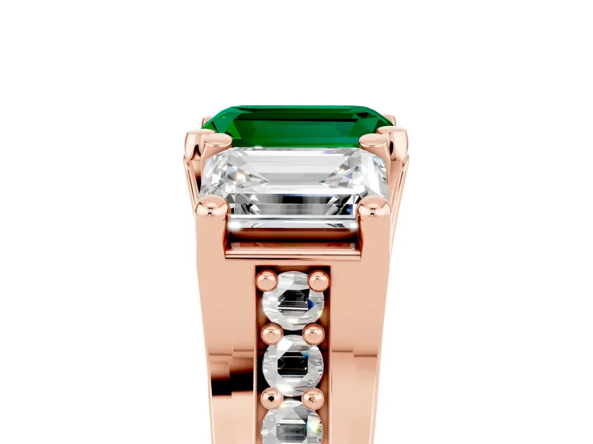 Emerald Cut Emerald Three-Stone Ring with Channel Set Band and Four-Prong Setting Rose gold