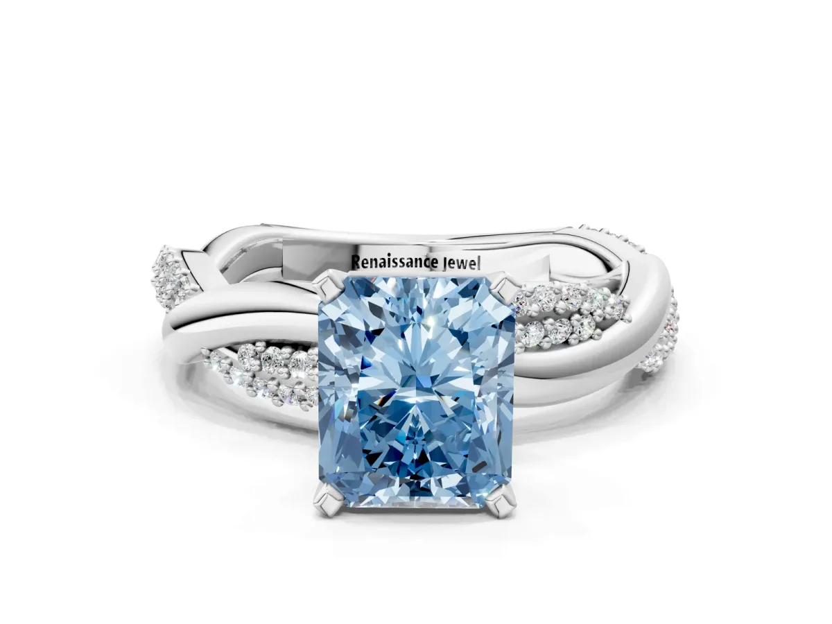 Fancy Blue Radiant Cut Solitaire Twist Band with Pave Prong Setting Platinum