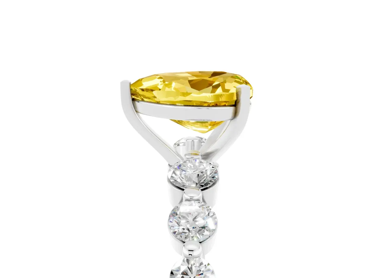 Heart Cut Solitaire Yellow Sapphire Ring with Pave Band and Four-Prong Setting Silver