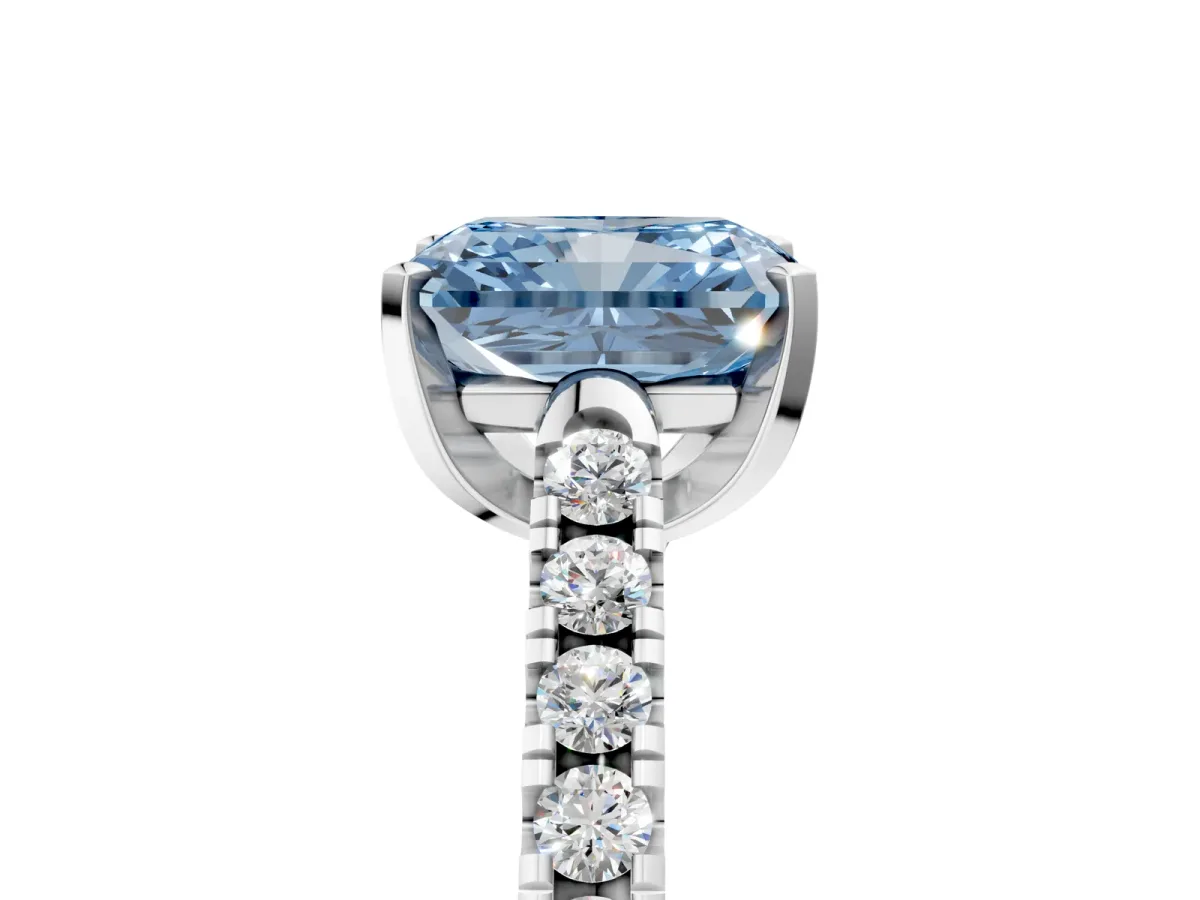 Fancy Blue Radiant Cut Diamond Pavé Band Solitaire Ring with Prong Setting Platinum