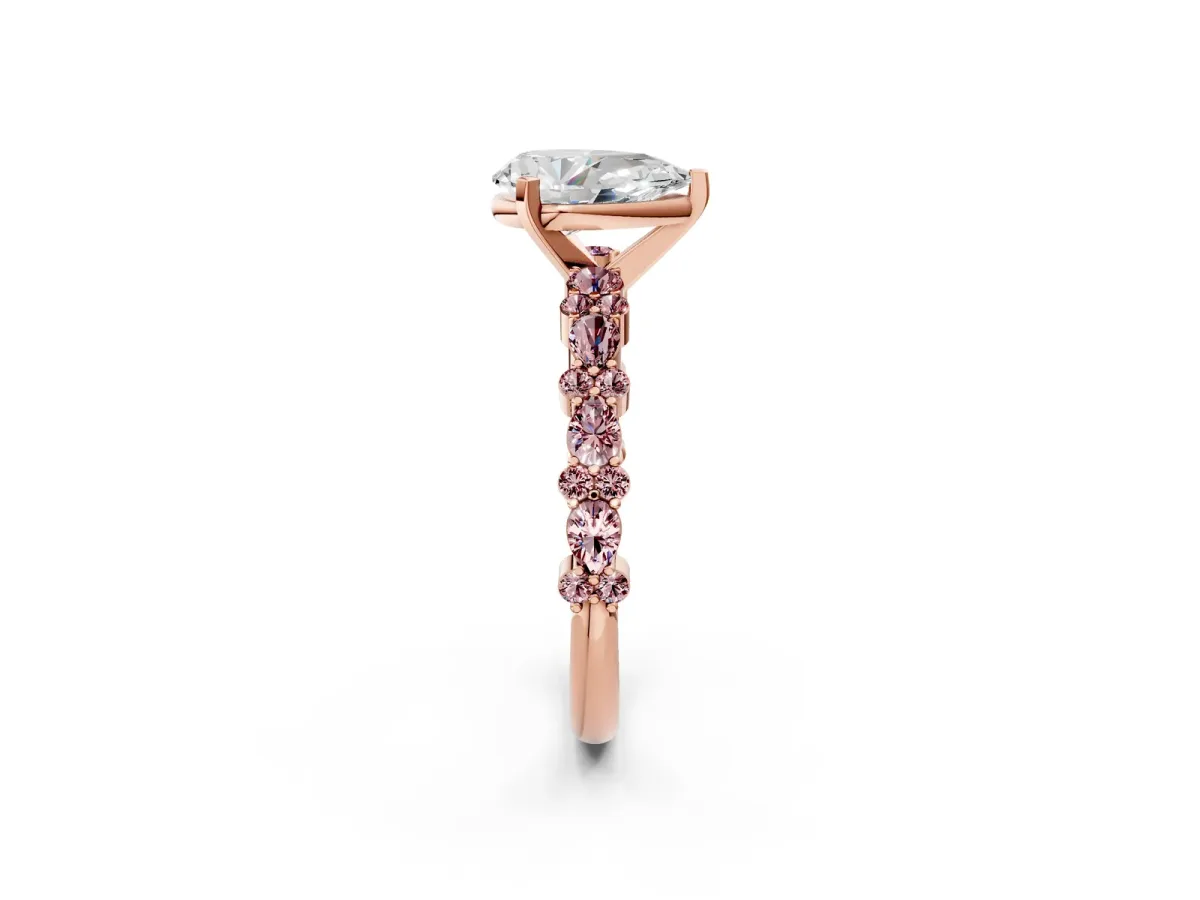 Pear Cut Diamond Side Stone Solitaire Ring with Round Morganite and Four-Prong Setting Rose gold