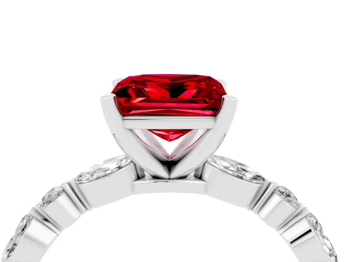 Princess Cut Ruby Ring with Marquise and Round Side Stones and Four-Prong Setting Platinum