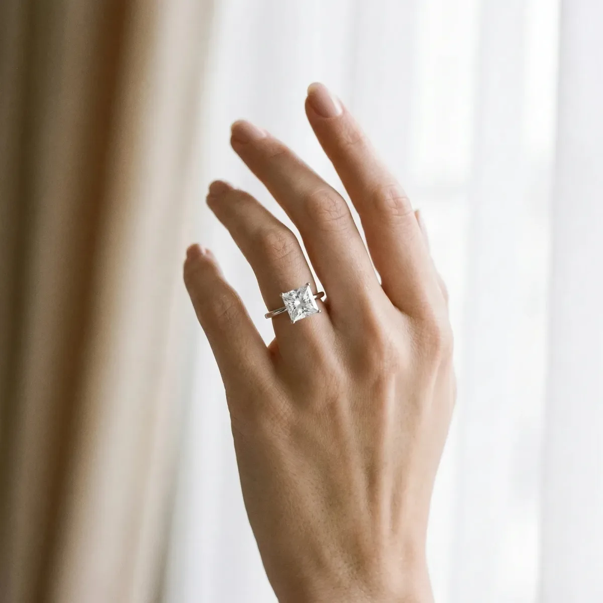 Princess Cut Cut Solitaire Engagement Ring with Thin Band and Four-Prong Setting Silver