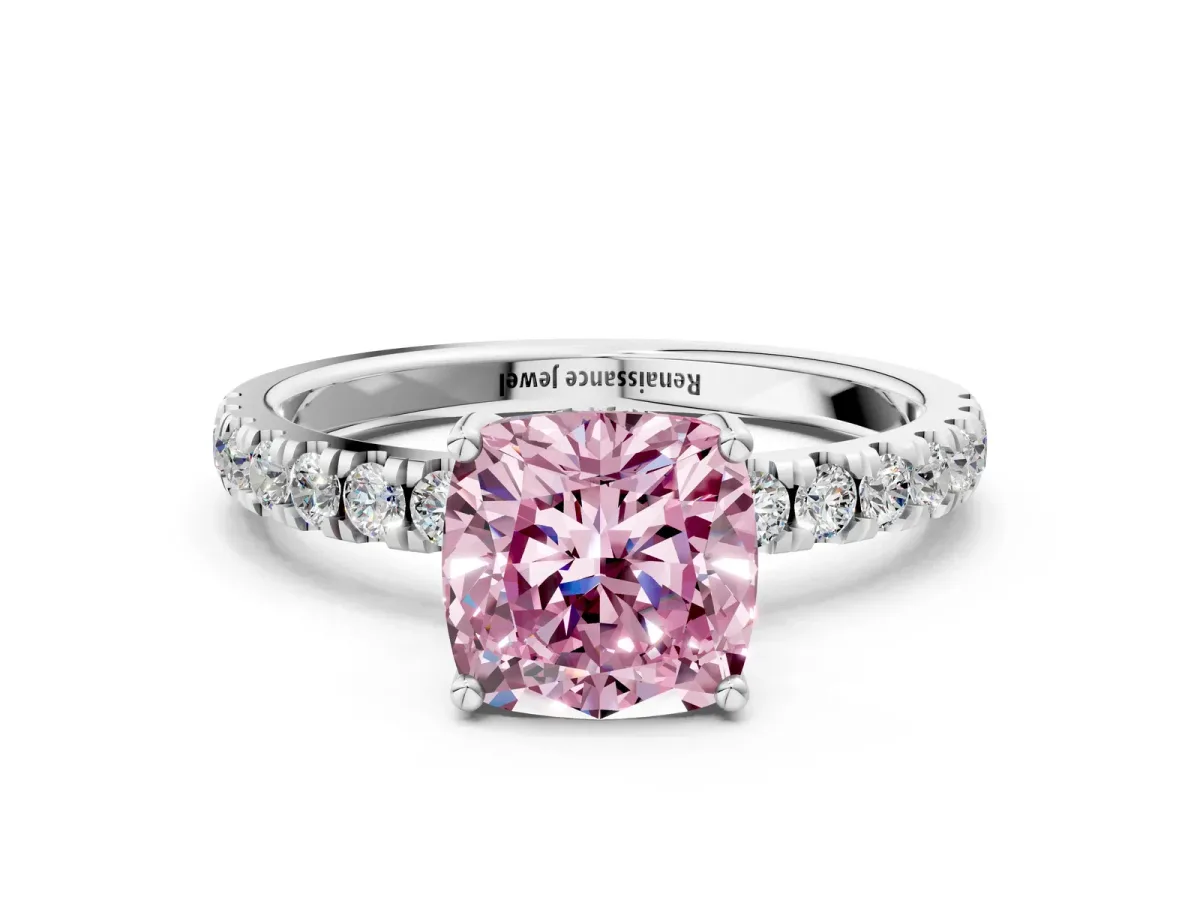 Fancy Pink Cushion Cut Diamond Pave Band Solitaire Ring with Round and Prong Setting Silver