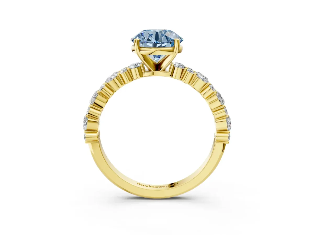 Fancy Blue Round Cut Diamond Side Stone Solitaire Ring with Round and Four-Prong Setting Yellow gold