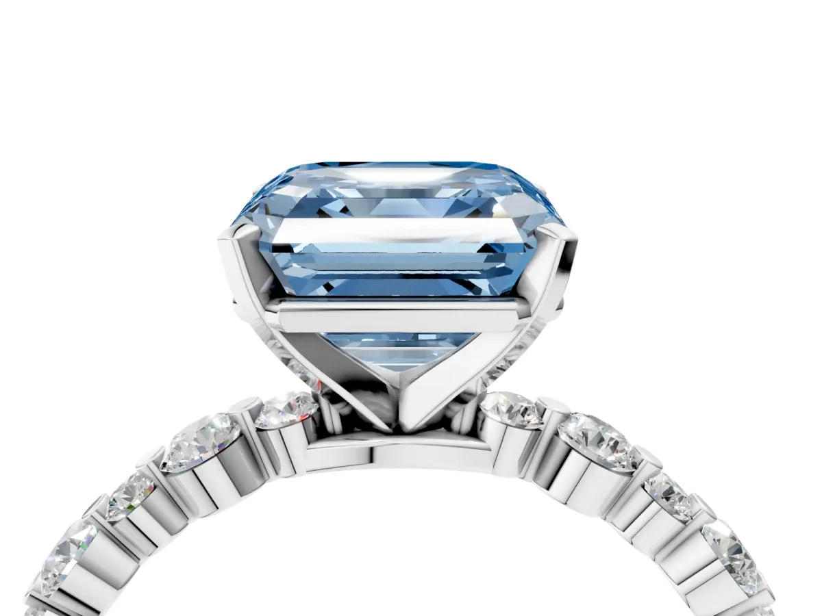 Fancy Blue Asscher Cut Diamond Prong Set Engagement Ring with Pavé Band Platinum