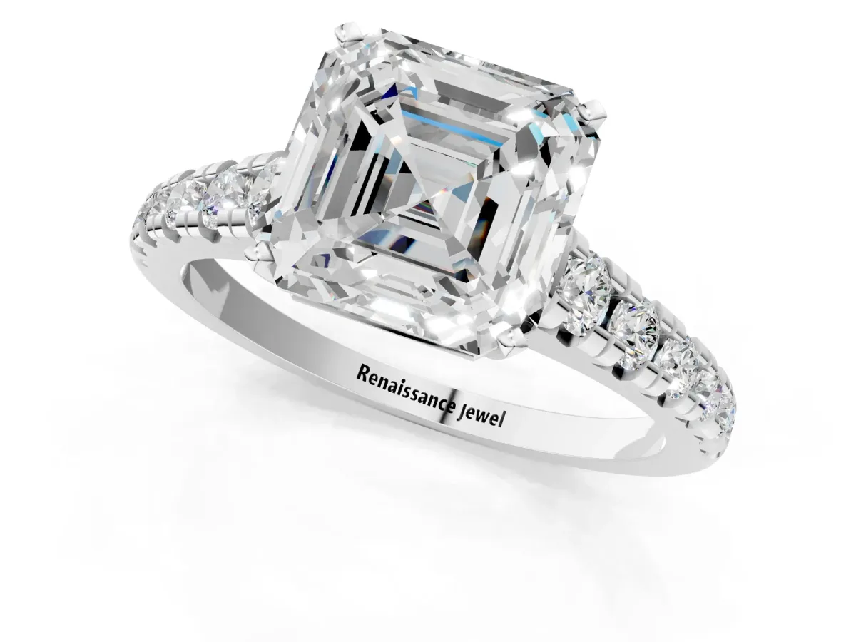 Asscher Cut Diamond Cathedral Solitaire Ring with Round Moissanite Pavé Band Silver