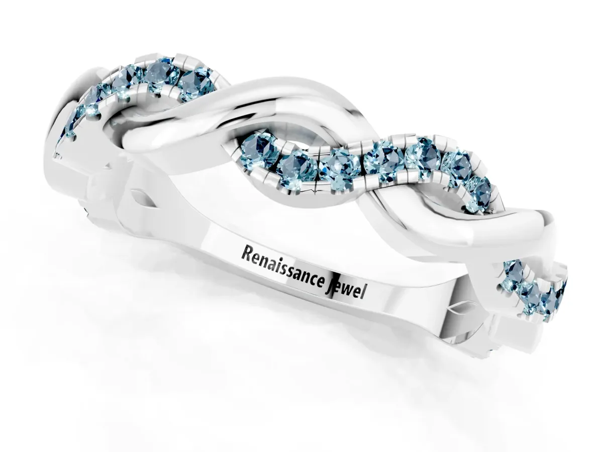 Pavé Round Aquamarine Twist Eternity Band with Shared Prong Setting Silver