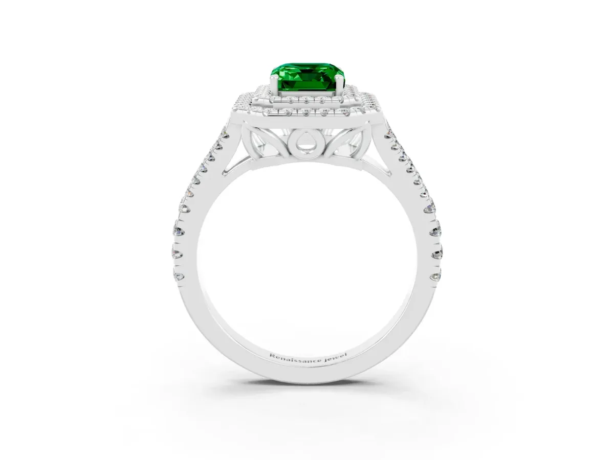 Emerald Cut Emerald Double Halo Ring with Pavé Band and Prong Setting White gold