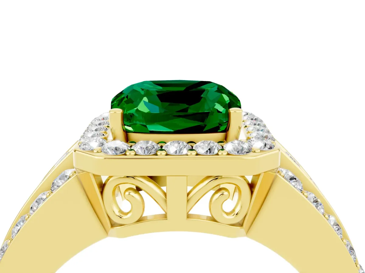 Cushion Cut Halo Emerald Ring with Round Split Shank and Prong Setting Yellow gold