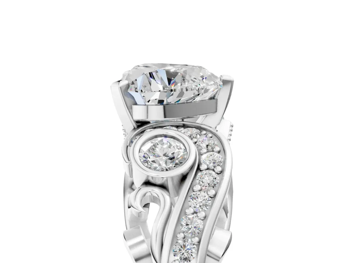Heart Cut Diamond Solitaire Ring with Milgrain Pavé Band and Four-Prong Setting Silver