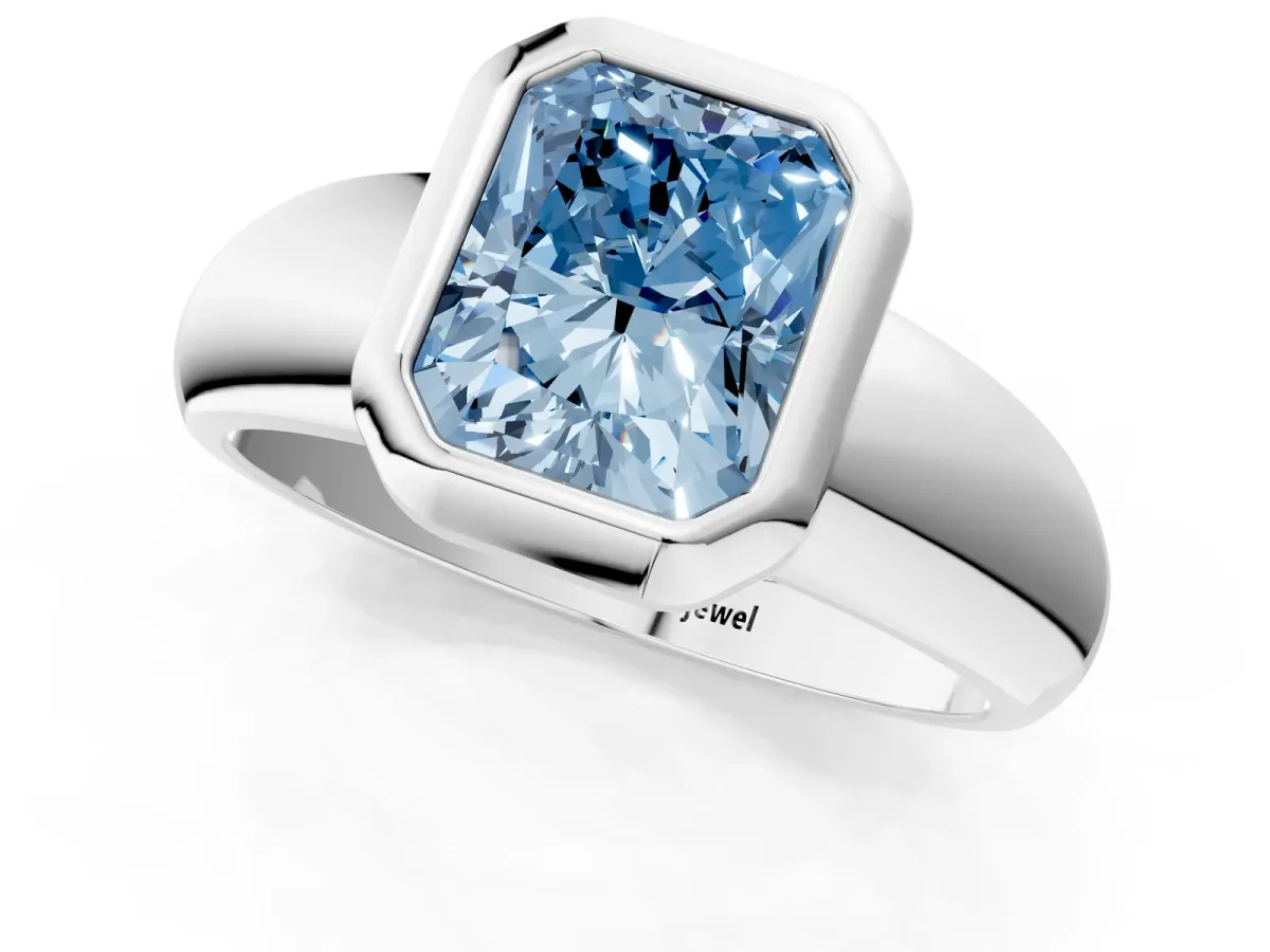 Fancy Blue Bezel Set Radiant Cut Solitaire Ring with Wide Band Platinum
