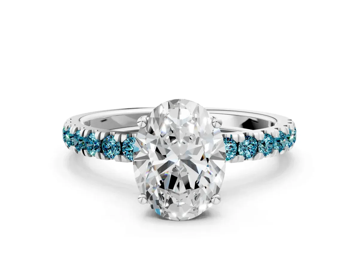 Oval Cut Diamond Pave Band Solitaire Ring with Round Blue Topaz and Prong Setting Platinum