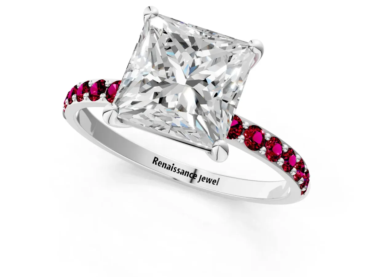 Princess Cut Diamond Solitaire Ring with Round Garnet Pavé Band and Prong Setting Silver