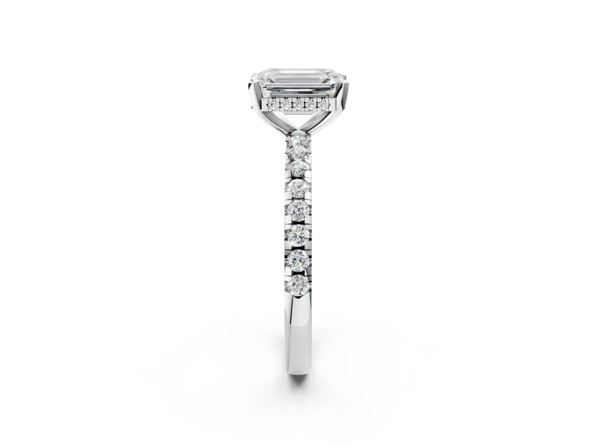 Emerald Cut Diamond Solitaire Ring with Round Moissanite Pavé Band and Four-Prong Setting Silver