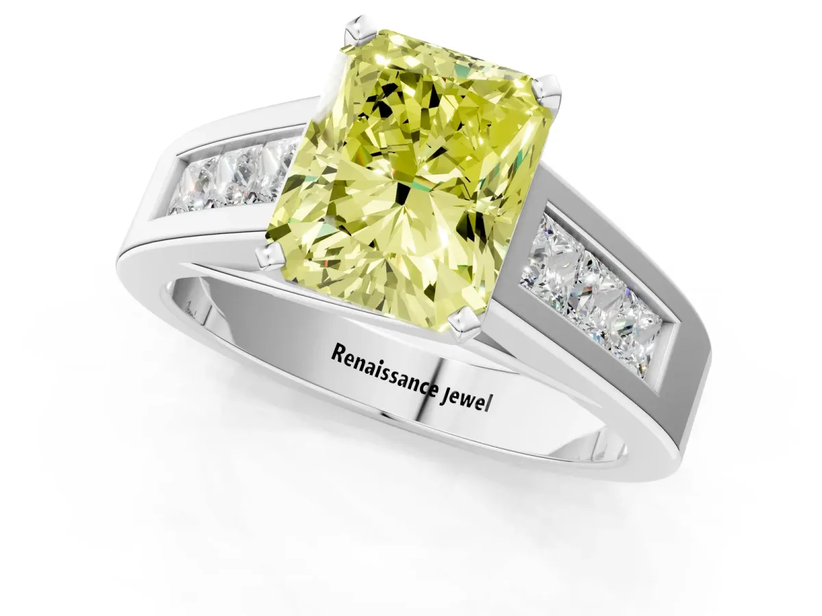 Fancy Yellow Radiant Cut Cut Channel Set Solitaire Ring with Four-Prong Setting White gold