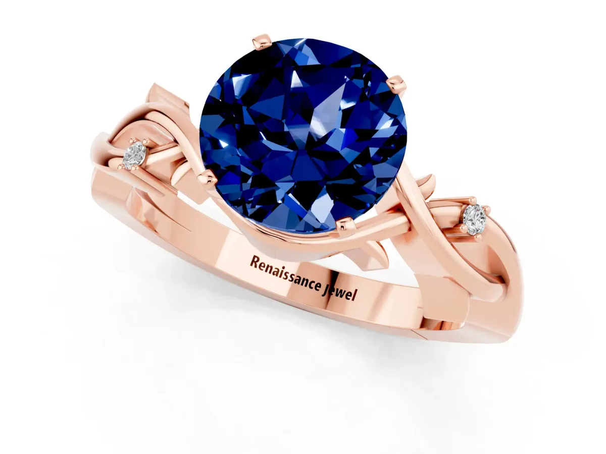 Round Cut Blue Sapphire Solitaire Ring with Twisted Band and Prong Setting Rose gold