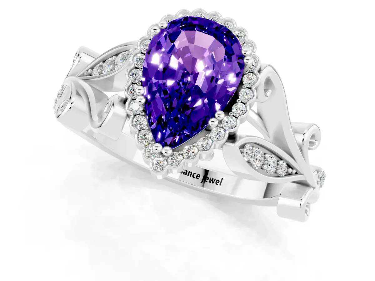 Pear Cut Tanzanite Halo Ring with Vintage Split Shank and Four-Prong Setting Platinum