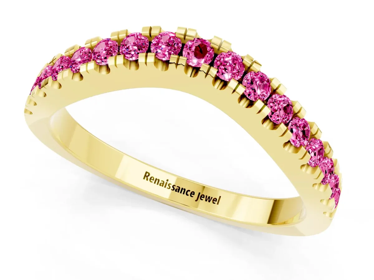 Round Pink Sapphire Pavé Curved Band with Shared Prong Setting Yellow gold