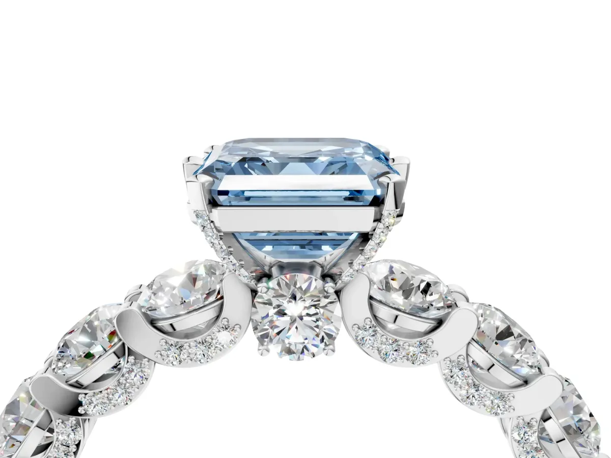Fancy Blue Asscher Cut Diamond Side Stone Engagement Ring with Four-Prong Setting White gold