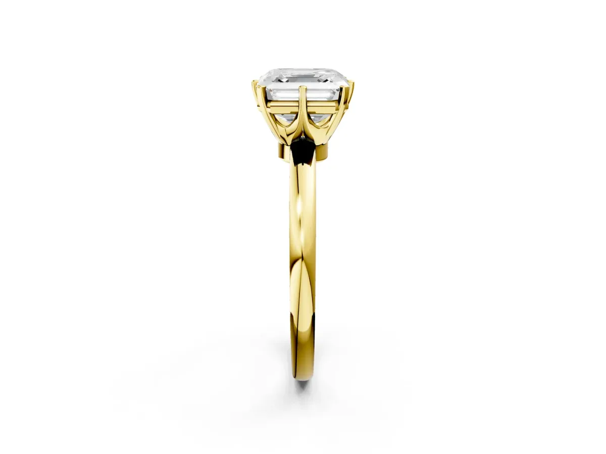 Asscher Cut Solitaire Diamond Ring with Six-Prong Setting on a Classic Band Yellow gold