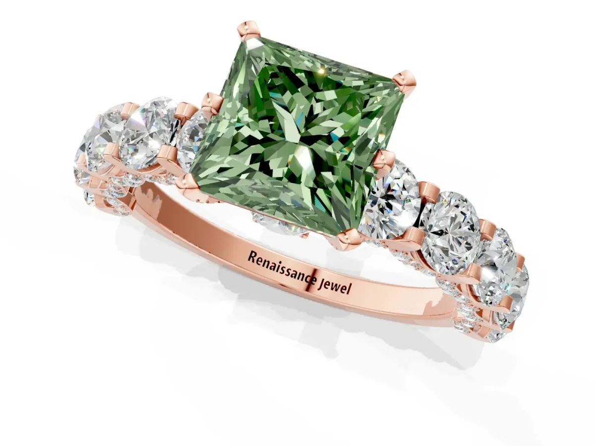 Fancy Green Princess Cut Diamond Side Stone Engagement Ring with Four-Prong Setting Rose gold
