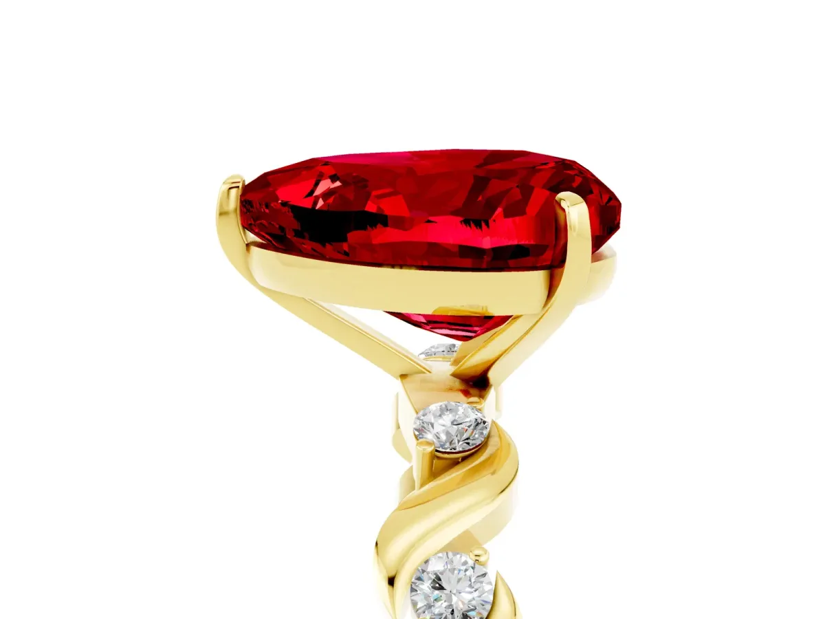 Heart Cut Ruby Solitaire Twisted Band with Round Accents and Prong Setting Yellow gold