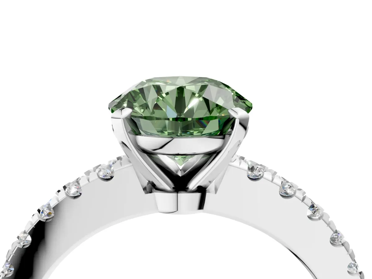 Fancy Green Round Cut Solitaire Diamond with Pavé Band and Four-Prong Setting Silver