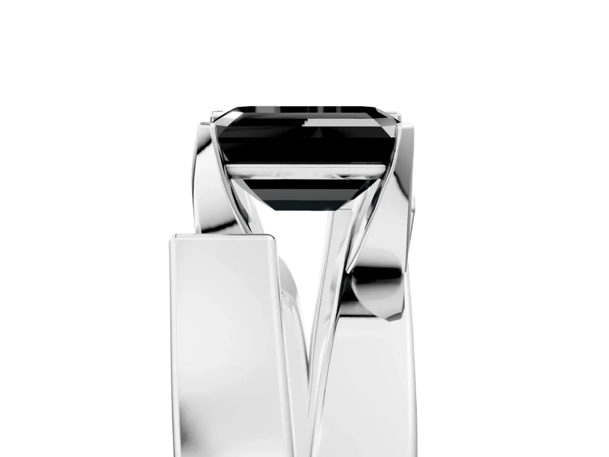 Fancy Black Modern Tension Set Emerald Cut Diamond Solitaire Wide Band Ring Platinum