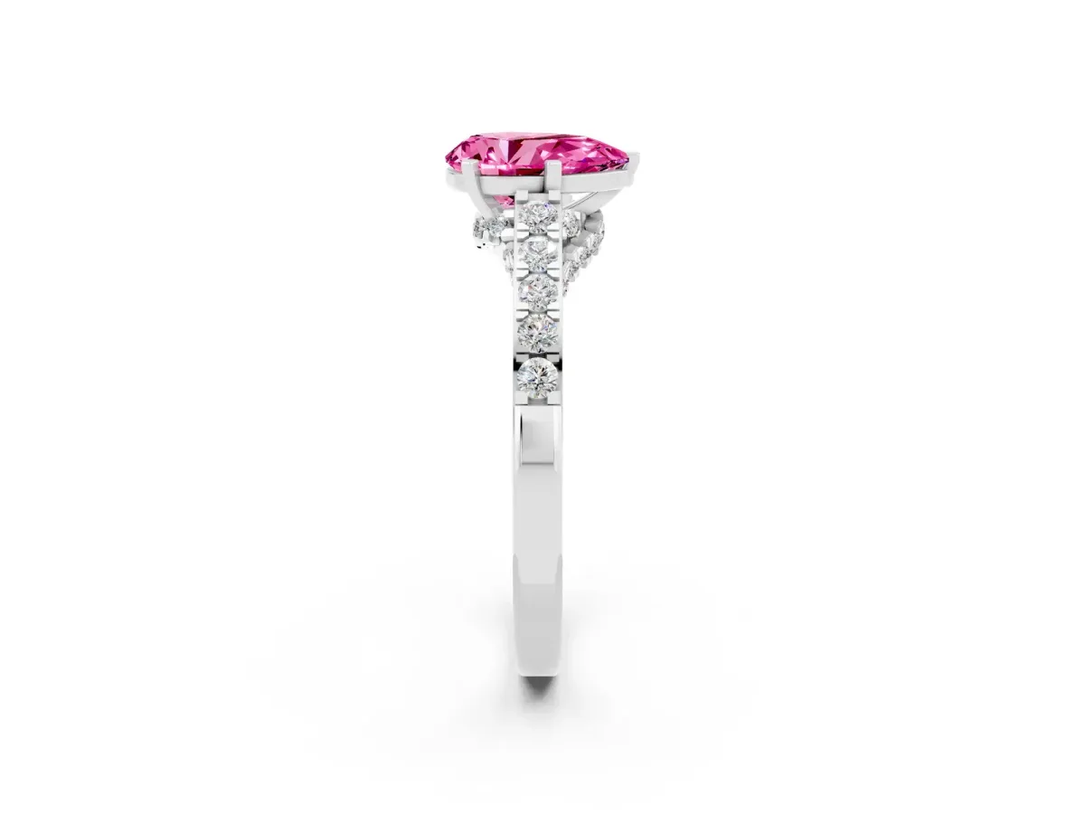 Pear Cut Pink Sapphire Solitaire Ring with Crossover Gallery and Round Pavé Band Silver