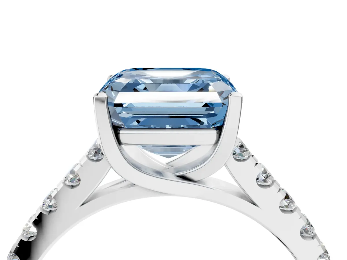 Fancy Blue Asscher Cut Diamond Pavé Band Solitaire Ring with Prong Setting Platinum
