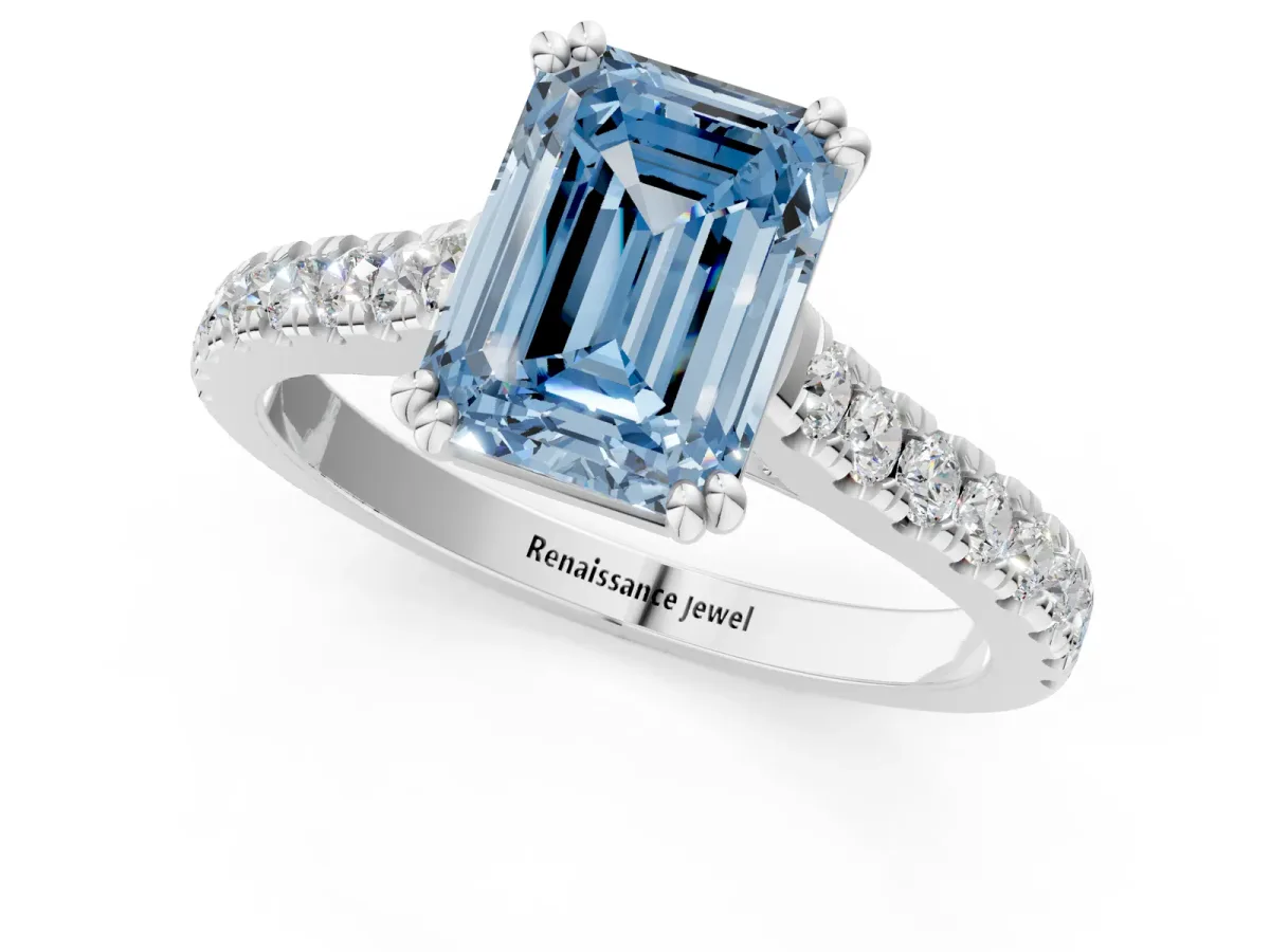 Fancy Blue Emerald Cut Solitaire Pave Diamond Engagement Ring with Prong Setting White gold