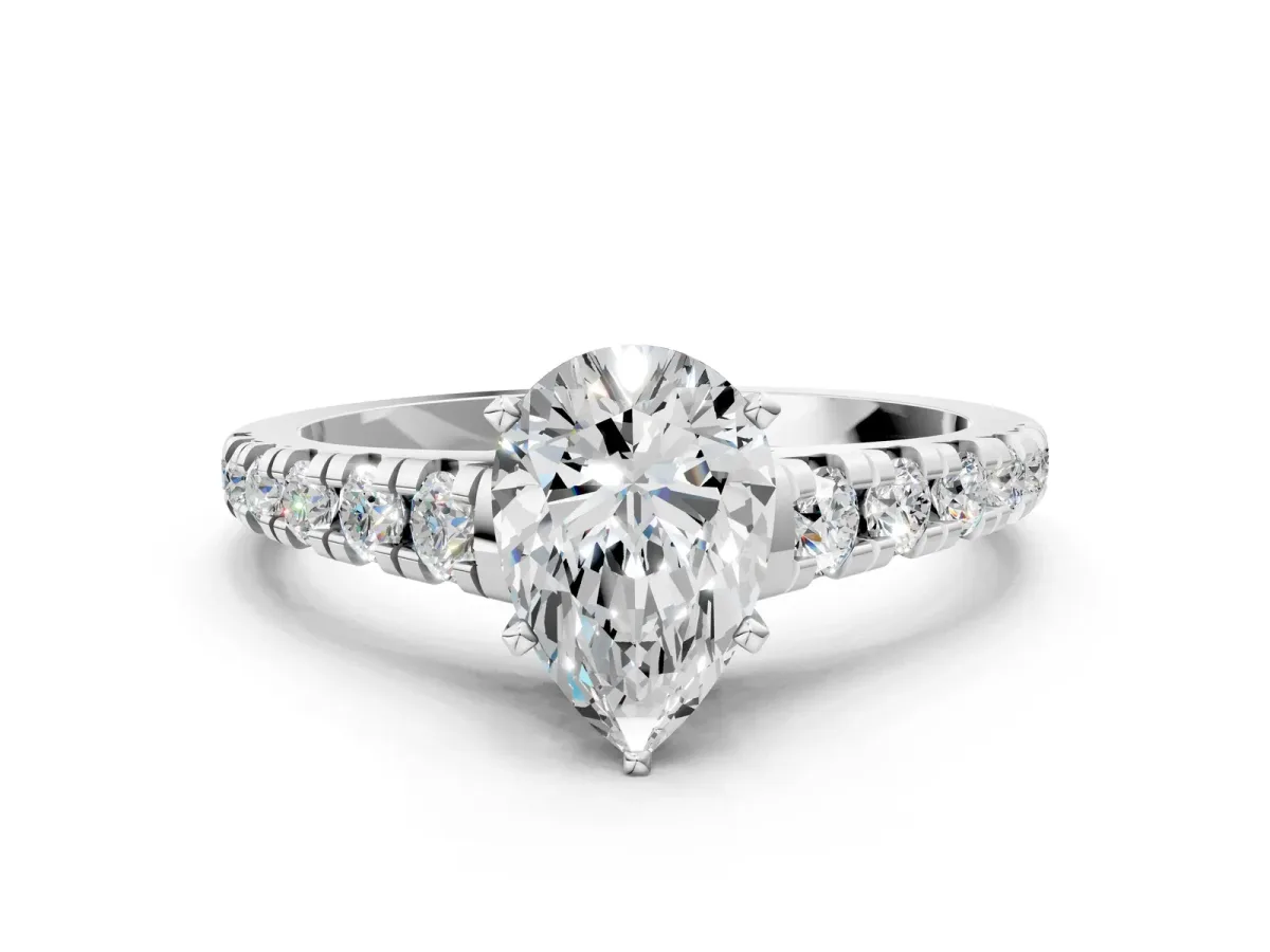 Pear Cut Diamond Cathedral Solitaire Ring with Round Moissanite Pavé Band Silver