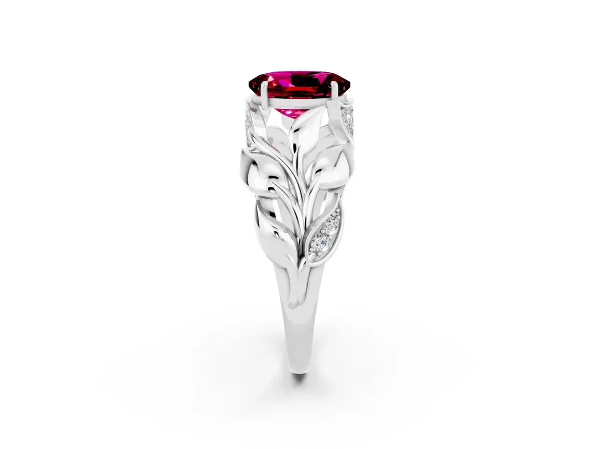 Oval Cut Garnet Leaf-Inspired Engagement Ring with Round Accents and Prong Setting Platinum