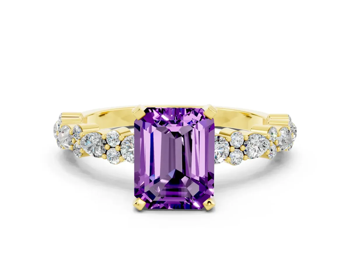 Emerald Cut Amethyst Side Stone Solitaire Ring with Round and Four-Prong Setting Yellow gold