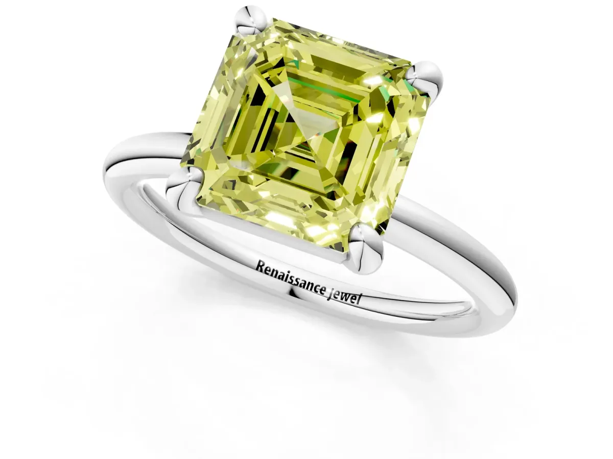 Fancy Yellow Asscher Cut Solitaire Diamond Ring with Four-Prong Setting on a Plain Band Platinum