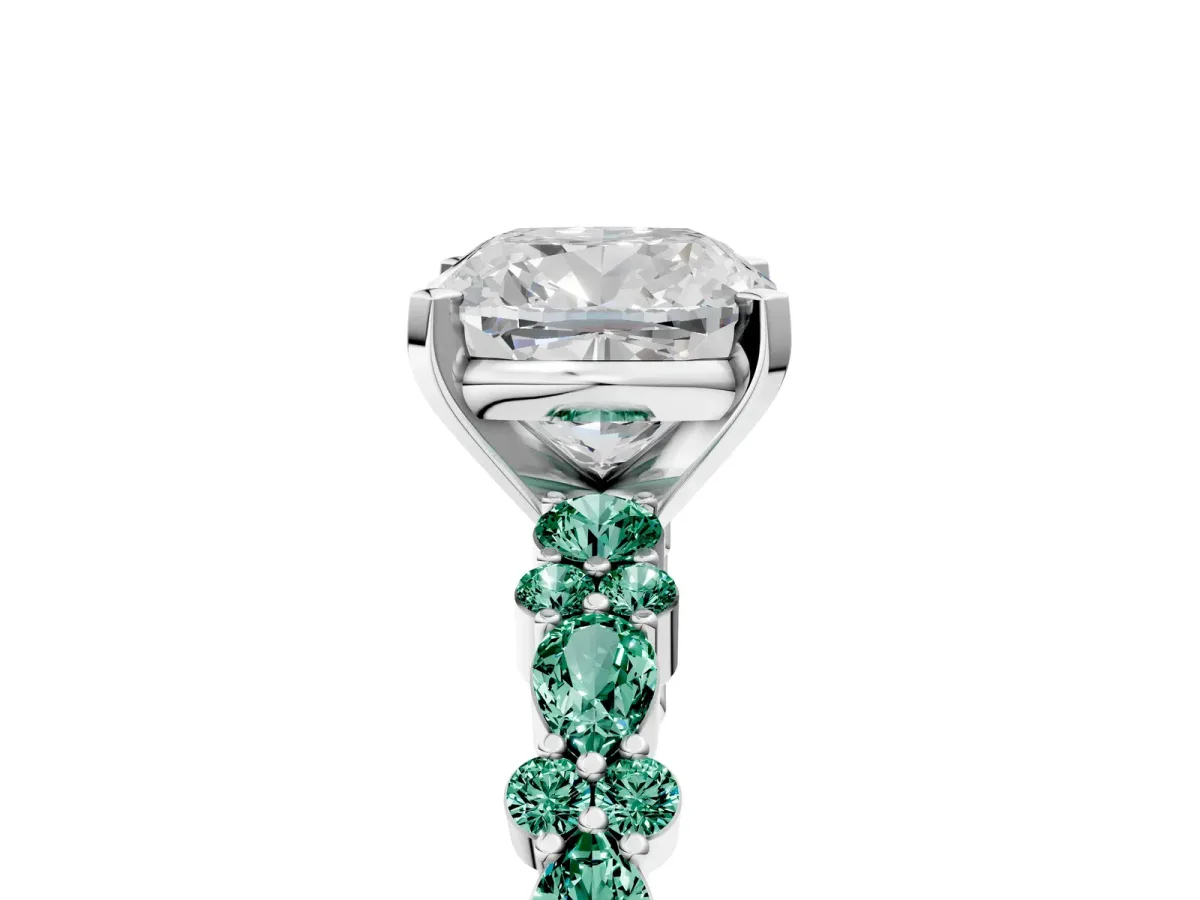 Cushion Cut Diamond Side Stone Solitaire Ring with Round Green Sapphire and Four-Prong Setting Silver