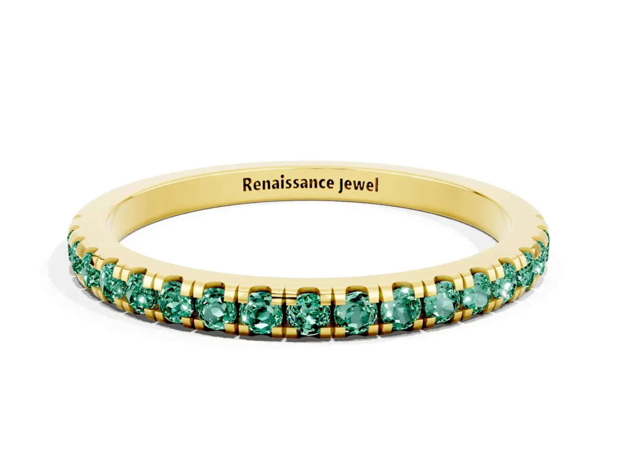 Pavé Round Green Sapphire Half Eternity Band with Shared Prong Setting Yellow gold