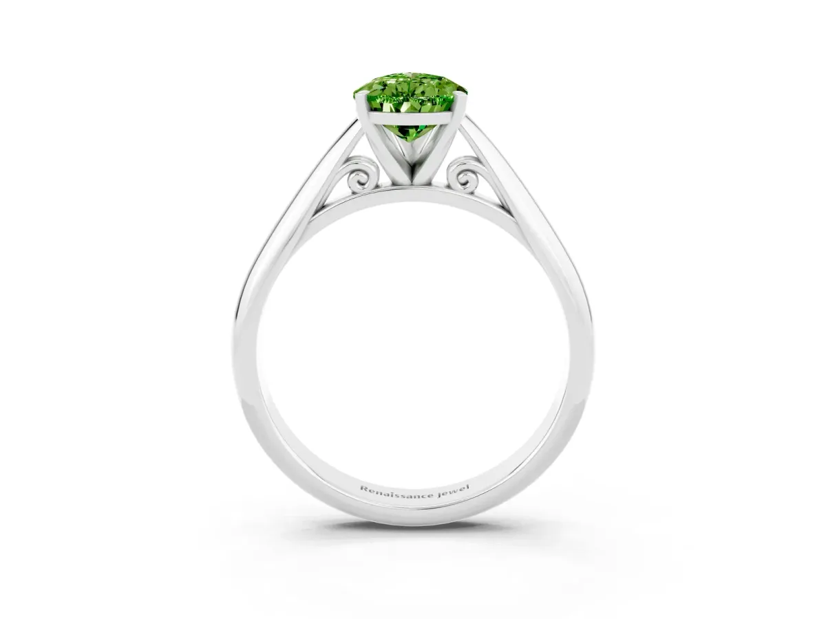 Pear Cut Peridot Solitaire Engagement Ring with Cathedral Setting and Four-Prong Mount White gold
