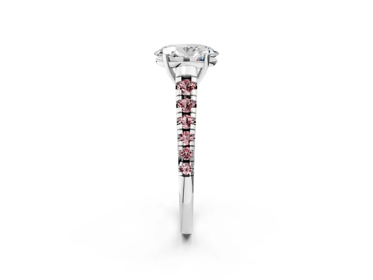 Oval Cut Diamond Cathedral Solitaire Ring with Round Morganite Pavé Band Silver