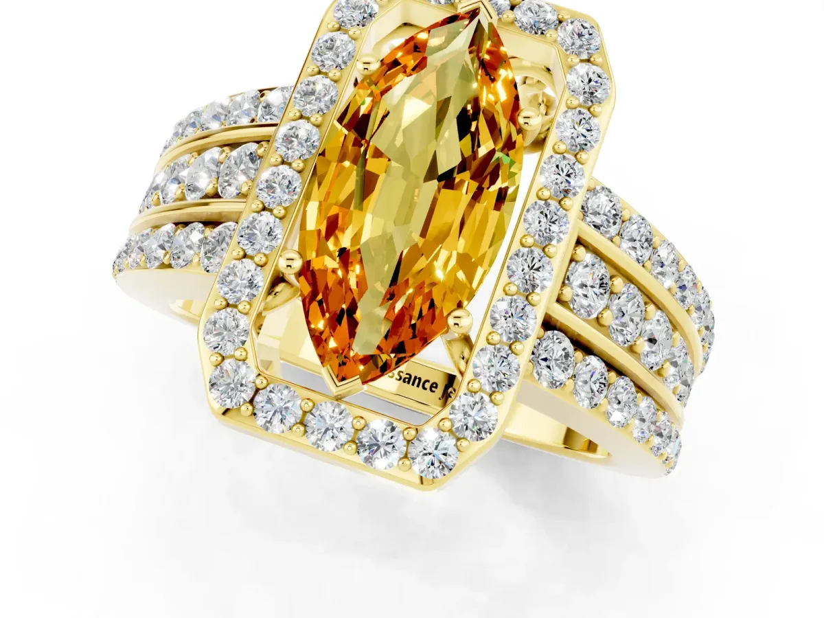 Marquise Cut Halo Citrine Ring with Round Split Shank and Prong Setting Yellow gold