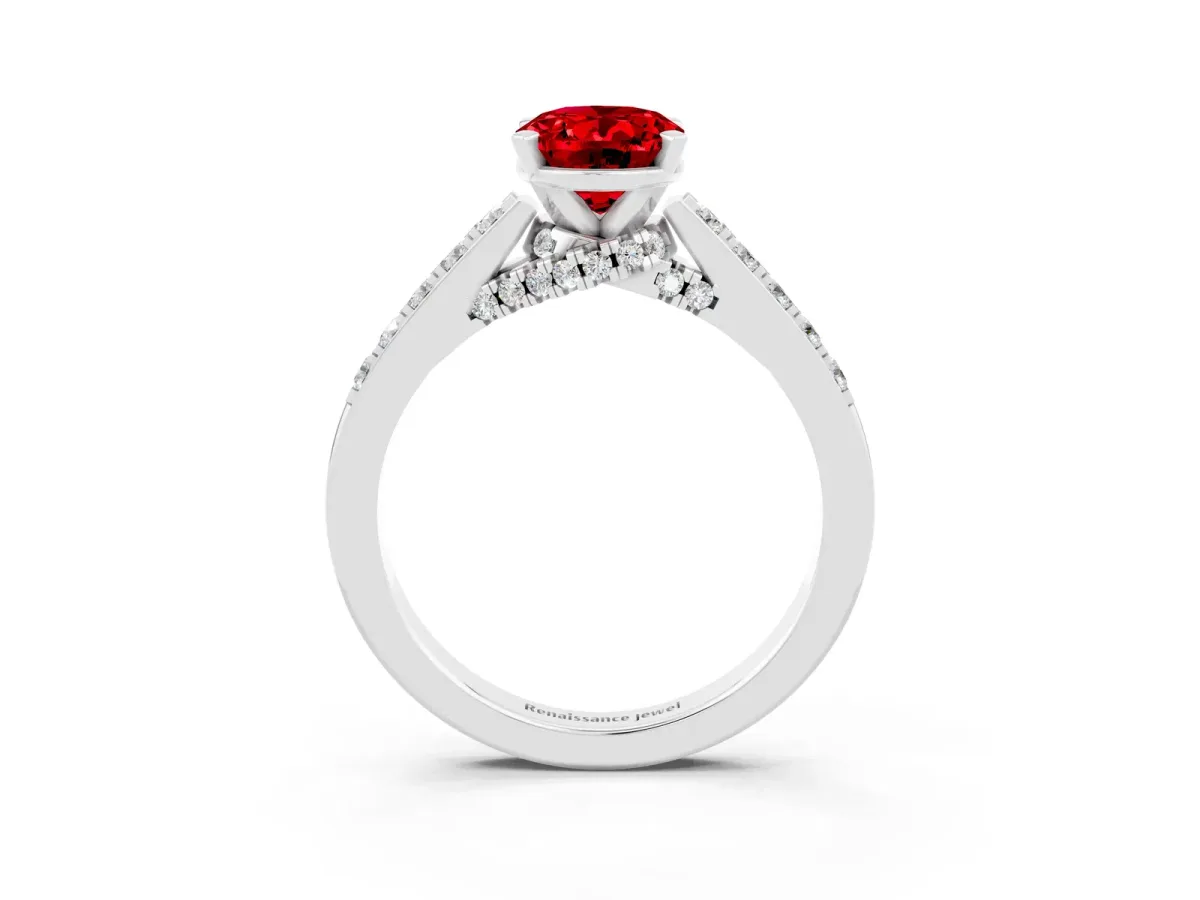 Oval Cut Ruby Solitaire Ring with Crossover Gallery and Round Pavé Band Silver