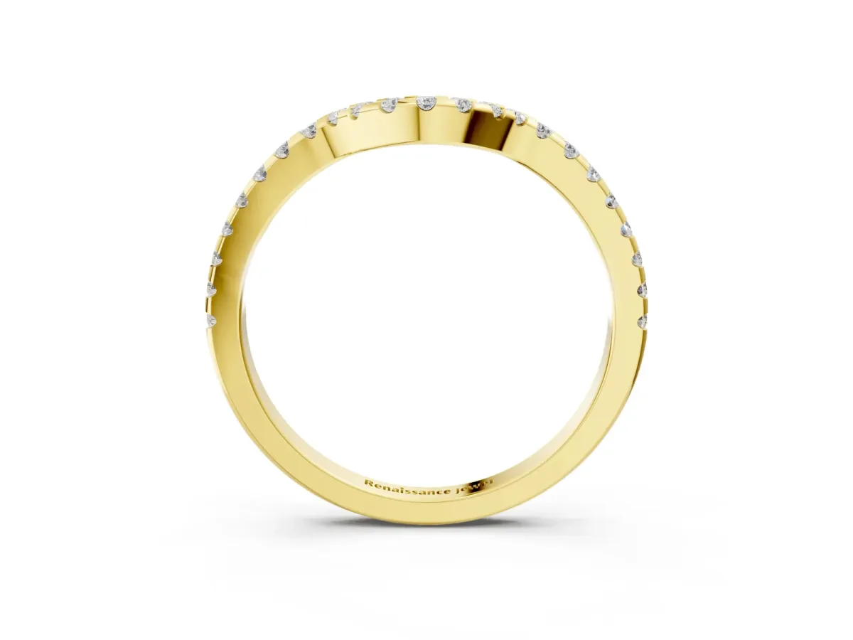 Pavé Round Diamond Curved Wedding Band with Shared Prong Setting Yellow gold