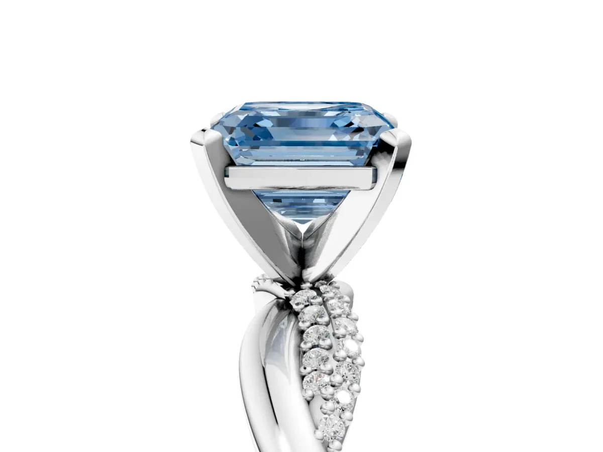 Fancy Blue Asscher Cut Solitaire Twist Band with Pave Prong Setting Platinum