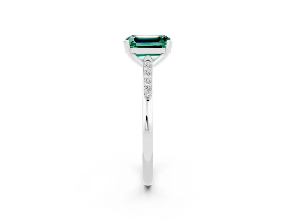 Emerald Cut Green Sapphire Solitaire Ring with Channel Set Round Band and Prong Setting Silver
