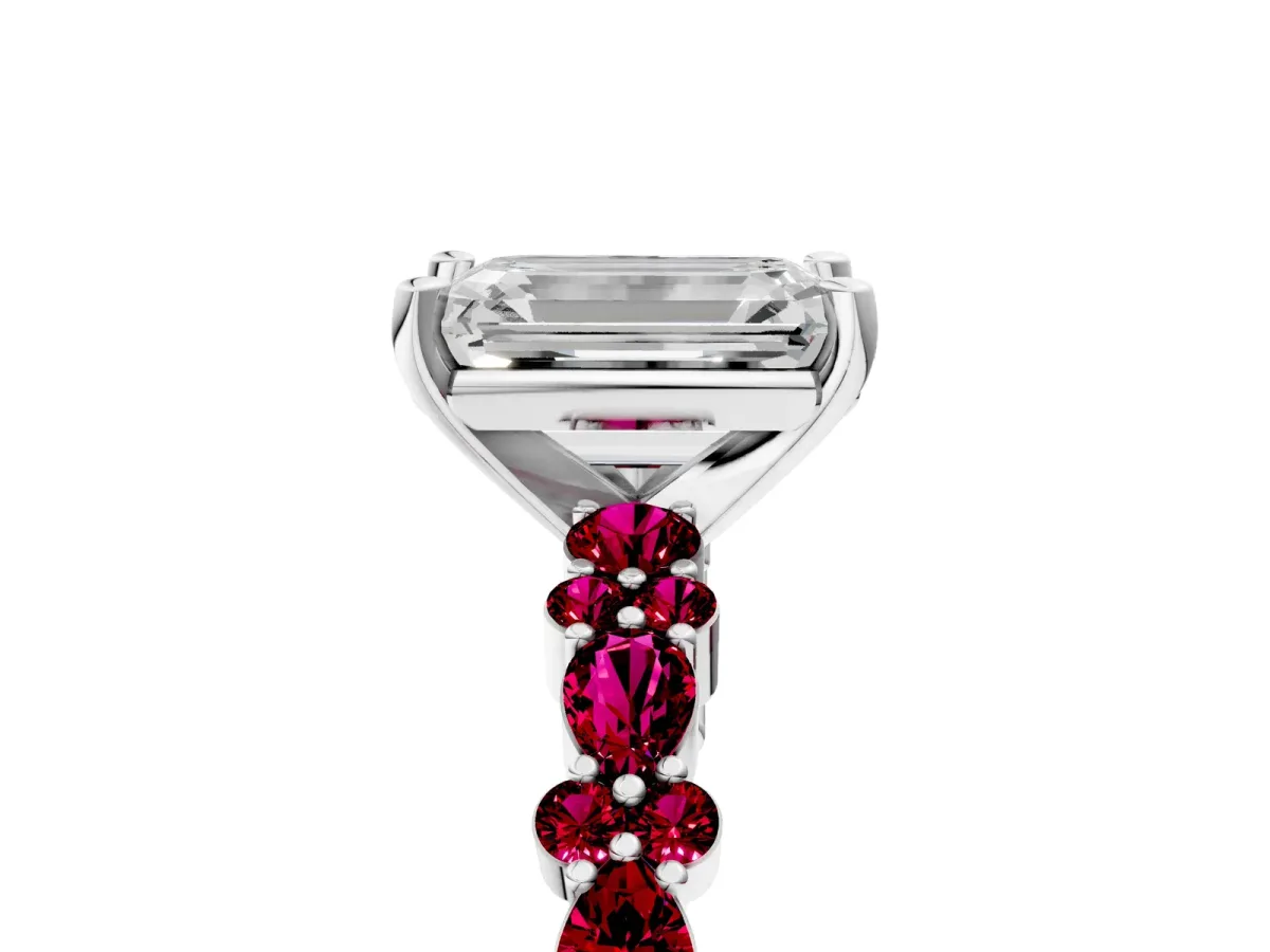 Emerald Cut Diamond Side Stone Solitaire Ring with Round Garnet and Four-Prong Setting Silver