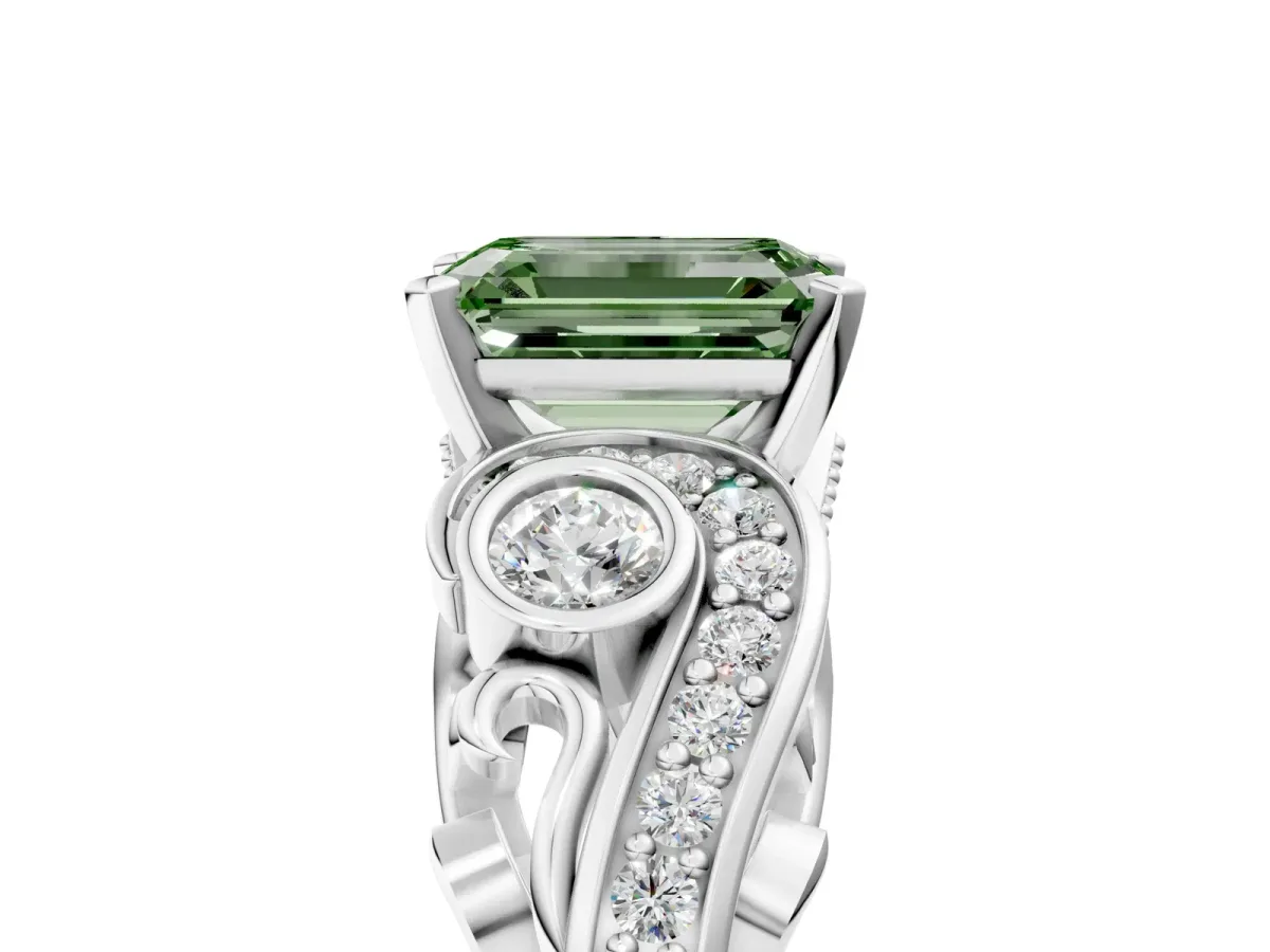 Fancy Green Emerald Cut Diamond Solitaire Ring with Milgrain Pavé Band and Four-Prong Setting Silver