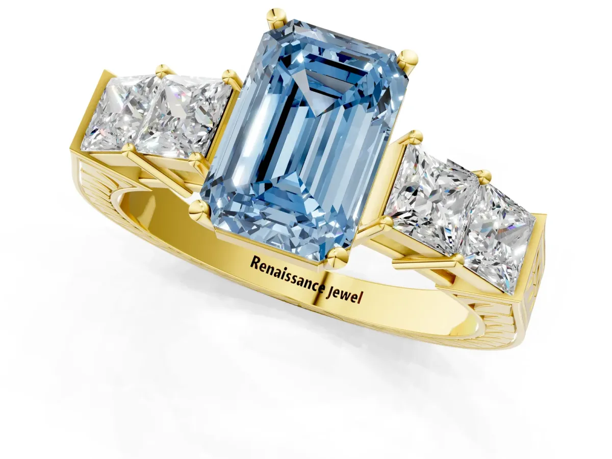 Fancy Blue Emerald Cut Solitaire Princess Side Stone Engraved Band Prong Setting Ring Yellow gold